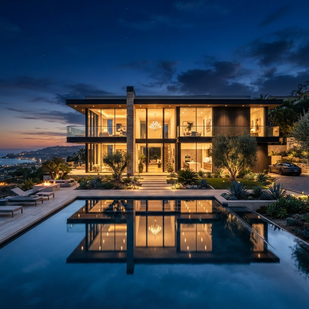 Luxury modern mansion at dusk